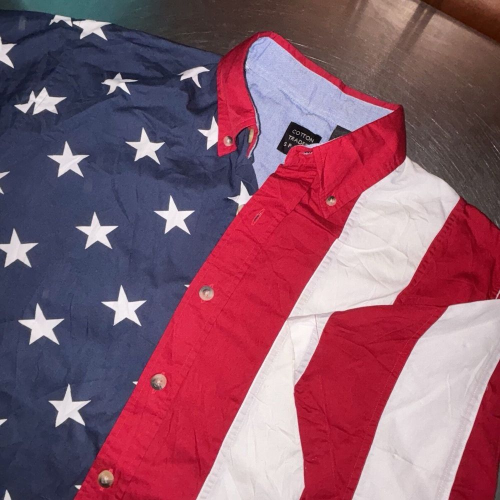 American Flag USA Cotton Traders Sport Mens Large Short Sleeve Button Down Shirt